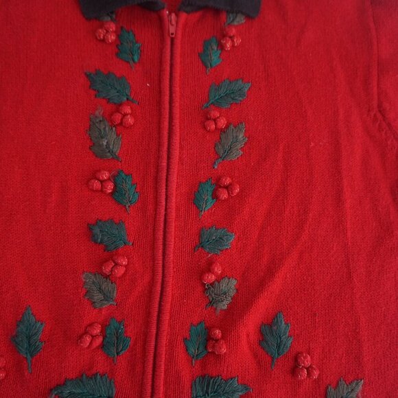 Vintage Dress Barn Red Black Embroidered Mistletoe Zip Knit Cardigan Sweater 18 - Picture 7 of 10